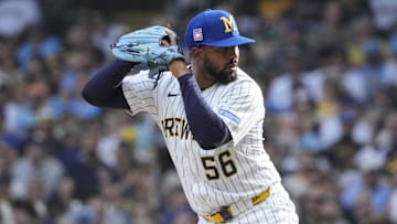 Jul 25, 2025; Milwaukee, Wisconsin, USA; Milwaukee Brewers pitcher Grant Anderson (56) prepares to deliver a pitch against the Miami Marlins in the eighth inning at American Family Field. Mandatory Credit: Michael McLoone-Imagn Images