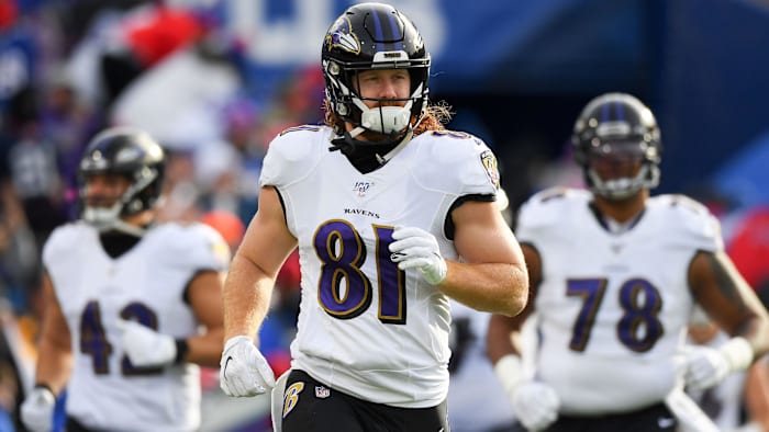 Dec 8, 2019; Orchard Park, NY, USA; Baltimore Ravens tight end Hayden Hurst (81) jogs on the field