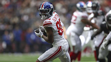 Aug 17, 2024; Houston, Texas, USA; New York Giants wide receiver Darius Slayton (86) in action during the game against the Houston Texans at NRG Stadium. Mandatory Credit: Troy Taormina-Imagn Images