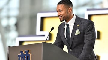 Dec 6, 2021; Notre Dame, IN, USA; Notre Dame Fighting Irish head football coach Marcus Freeman speaks during his formal introduction on the campus of the University of Notre Dame. Mandatory Credit: Matt Cashore-Imagn Images