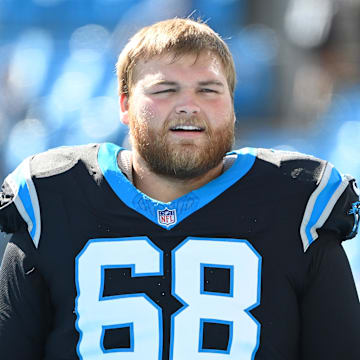 Oct 29, 2023; Charlotte, North Carolina, USA; Carolina Panthers guard Cade Mays (68) during warm up at Bank of America Stadium.  