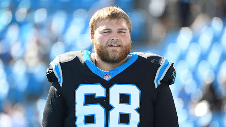 Oct 29, 2023; Charlotte, North Carolina, USA; Carolina Panthers guard Cade Mays (68) during warm up at Bank of America Stadium.  