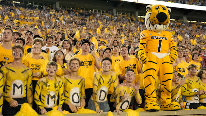 Sep 21, 2024; Columbia, Missouri, USA; The Missouri Tigers student section watches as Vanderbilt Commodores place kicker Brock Taylor (not pictured) misses a field goal to end the game during overtime at Faurot Field at Memorial Stadium. Mandatory Credit: Jay Biggerstaff-Imagn Images