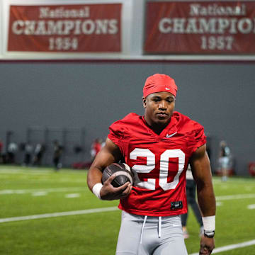 Ohio State Buckeyes running back James Peoples (20) participates in spring football practice at the Woody Hayes Athletic Center on Wednesday, March 19, 2025 in Columbus, Ohio.