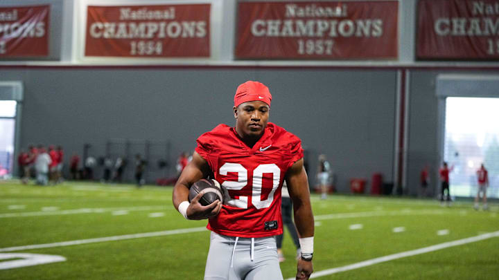 Ohio State Buckeyes running back James Peoples (20) participates in spring football practice at the Woody Hayes Athletic Center on Wednesday, March 19, 2025 in Columbus, Ohio. Ohio State Buckeyes running back James Peoples (20) participates in spring football practice at the Woody Hayes Athletic Center on Wednesday, March 19, 2025 in Columbus, Ohio.