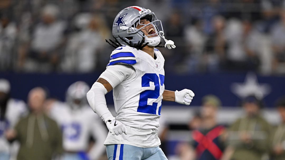 Nov 3, 2025; Arlington, Texas, USA; Dallas Cowboys cornerback Shavon Revel Jr. (27) celebrates during the game between the Dallas Cowboys and the Arizona Cardinals at AT&T Stadium. Mandatory Credit: Jerome Miron-Imagn Images