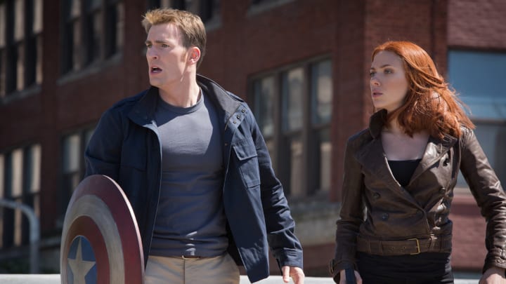 Steve Rogers and Black Widow in Captain America: The Winter Soldier.