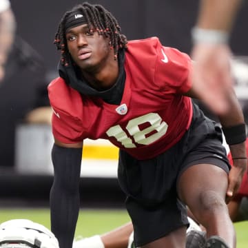 Arizona Cardinals receiver Marvin Harrison Jr. (18) stretches during the team's training camp session at State Farm Stadium in Glendale on July 24, 2024.