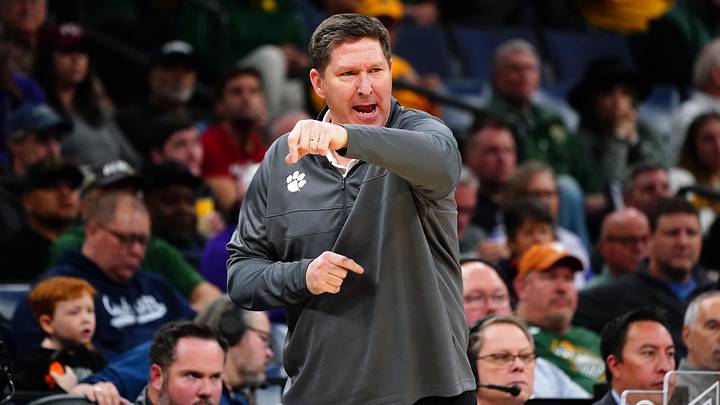 Mar 24, 2024; Memphis, TN, USA; Clemson Tigers head coach Brad Brownell reacts against the Baylor Bears in the second half in the second round of the 2024 NCAA Tournament at FedExForum. Mandatory Credit: John David Mercer-Imagn Images