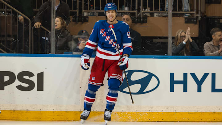 Apr 5, 2026; New York, New York, USA; New York Rangers left wing Will Cuylle (50) celebrates his hat trick goal against the Washington Capitals during the third period at Madison Square Garden. Mandatory Credit: Danny Wild-Imagn Images