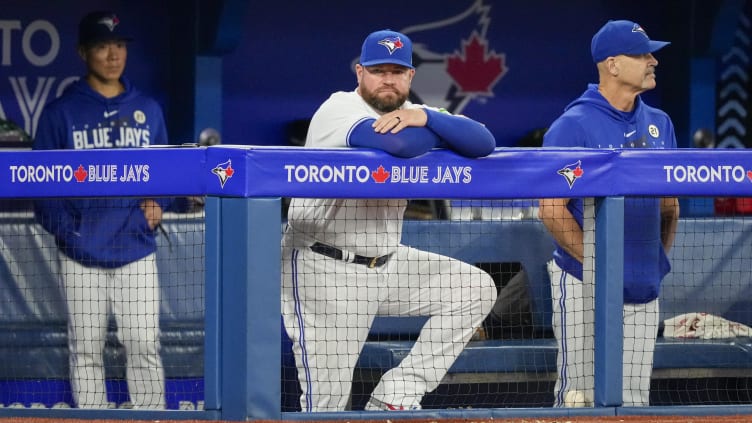 Sep 15, 2023; Toronto, Ontario, CAN; Toronto Blue Jays manager John Schneider (14) looks on from the