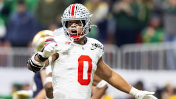 Jan 20, 2025; Atlanta, GA, USA; Ohio State Buckeyes linebacker Cody Simon (0) reacts against the Notre Dame Fighting Irish during the CFP National Championship college football game at Mercedes-Benz Stadium. Mandatory Credit: Mark J. Rebilas-Imagn Images