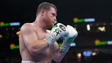 Canelo Alvarez and Gennadiy Golovkin box during a super middleweight championship bout at T-Mobile Arena