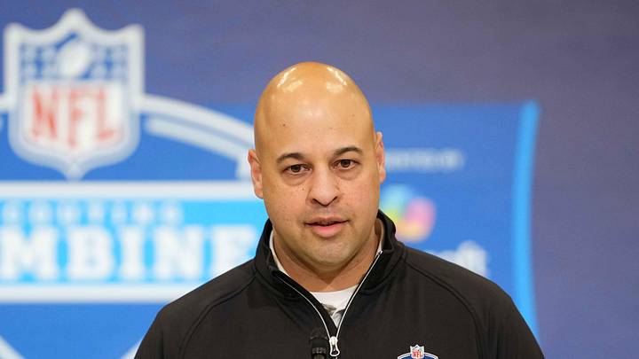 Feb 24, 2026; Indianapolis, IN, USA; Pittsburgh Steelers general manager Omar Khan speaks at the NFL Scouting Combine at the Indiana Convention Center. Mandatory Credit: Kirby Lee-Imagn Images