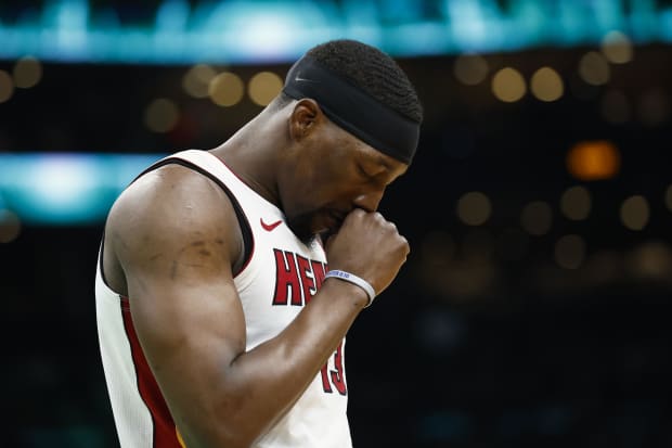 Bam Adebayo pauses before game five of the first round of the 2024 NBA playoffs against the Boston Celtics at TD Garden.