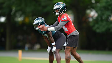 Jun 10, 2025; Philadelphia, PA, USA; Philadelphia Eagles quarterback Dorian Thompson-Robinson (14) performs a practice drill at NovaCare Complex.
