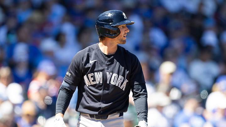 Mar 24, 2026; Mesa, Arizona, USA; New York Yankees third baseman Ryan McMahon against the Chicago Cubs during spring training at Sloan Park. Mandatory Credit: Mark J. Rebilas-Imagn Images