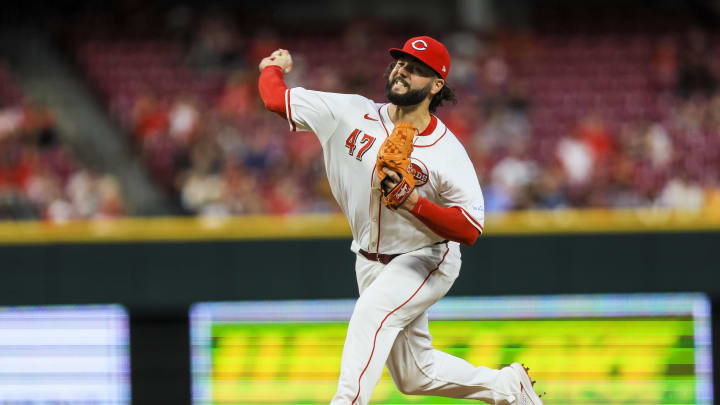 Aug 12, 2024; Cincinnati, Ohio, USA; Cincinnati Reds relief pitcher Jakob Junis (47) pitches against the St. Louis Cardinals in the seventh inning at Great American Ball Park. Mandatory Credit: Katie Stratman-USA TODAY Sports