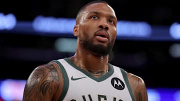Nov 8, 2024; New York, New York, USA; Milwaukee Bucks guard Damian Lillard (0) reacts during the second quarter against the New York Knicks at Madison Square Garden. Mandatory Credit: Brad Penner-Imagn Images