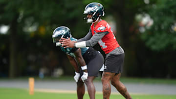 Jun 10, 2025; Philadelphia, PA, USA; Philadelphia Eagles quarterback Dorian Thompson-Robinson (14) performs a practice drill at NovaCare Complex. Mandatory Credit: Kyle Ross-Imagn Images