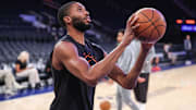 Dec 5, 2025; New York, New York, USA;  New York Knicks guard Mikal Bridges (25) warms up prior to the game against the Utah Jazz at Madison Square Garden. Mandatory Credit: Wendell Cruz-Imagn Images