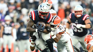 Oct 26, 2025; Foxborough, Massachusetts, USA;  New England Patriots running back Terrell Jennings (26) is tackled by Cleveland Browns cornerback Dom Jones (37) during the fourth quarter at Gillette Stadium. Mandatory Credit: Brian Fluharty-Imagn Images