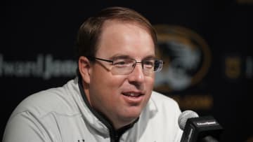Jan 7, 2023; Columbia, Missouri, USA; Missouri Tigers head football coach Eli Drinkwitz speaks at a press conference regarding Kirby Moore (not pictured) being hired as the new offensive coordinator/quarterbacks coach before the basketball game against the Vanderbilt Commodores Mizzou Arena. Mandatory Credit: Denny Medley-USA TODAY Sports
