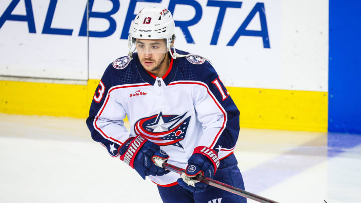 Jan 25, 2024; Calgary, Alberta, CAN; Columbus Blue Jackets left wing Johnny Gaudreau (13) skates during the warmup period against the Calgary Flames at Scotiabank Saddledome. Mandatory Credit: Sergei Belski-USA TODAY Sports