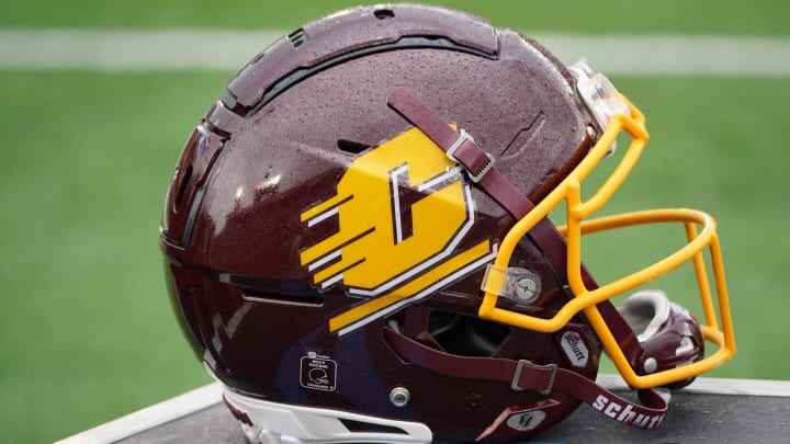 Sep 4, 2021; Columbia, Missouri, USA; A general view of a Central Michigan Chippewas helmet during the second half against the Missouri Tigers at Faurot Field at Memorial Stadium. Mandatory Credit: Denny Medley-USA TODAY Sports