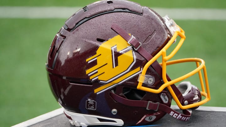 Sep 4, 2021; Columbia, Missouri, USA; A general view of a Central Michigan Chippewas helmet during the second half against the Missouri Tigers at Faurot Field at Memorial Stadium. Mandatory Credit: Denny Medley-USA TODAY Sports