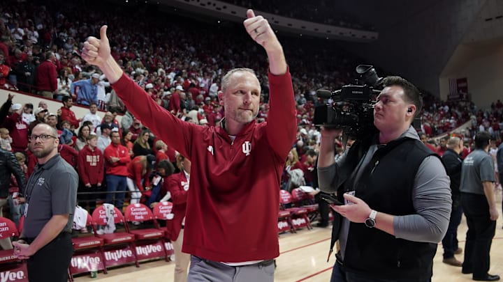 Feb 7, 2026; Bloomington, Indiana, USA; Indiana Hoosiers head coach Darian DeVries celebrates after the game against the Wisconsin Badgers at Simon Skjodt Assembly Hall. Mandatory Credit: Robert Goddin-Imagn Images