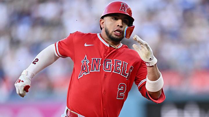 Jun 6, 2026; Los Angeles, California, USA; Los Angeles Angels infielder Oswald Peraza (2) runs after hitting an RBI triple against Los Angeles Dodgers starting pitcher Yoshinobu Yamamoto (not pictured) during the first inning at Dodger Stadium. Mandatory Credit: William Liang-Imagn Images