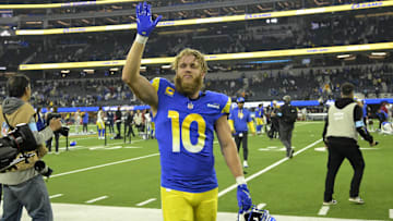 Dec 28, 2024; Inglewood, California, USA;  Los Angeles Rams wide receiver Cooper Kupp (10) waves to fans as he leaves the field after defeating the Arizona Cardinals at SoFi Stadium. Mandatory Credit: Jayne Kamin-Oncea-Imagn Images
