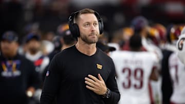 Sep 29, 2024; Glendale, Arizona, USA; Washington Commanders offensive coordinator Kliff Kingsbury against the Arizona Cardinals at State Farm Stadium. Mandatory Credit: Mark J. Rebilas-Imagn Images
