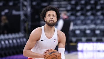 Mar 3, 2025; Salt Lake City, Utah, USA; Detroit Pistons guard Cade Cunningham warms up before the game against the Utah Jazz at Delta Center. Mandatory Credit: Rob Gray-Imagn Images