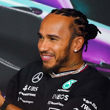 May 2, 2024; Miami Gardens, Florida, USA;  Mercedes driver Lewis Hamilton (44)  addresses the media in advance of the Miami Grand Prix at the Miami International Autodrome. Mandatory Credit: John David Mercer-Imagn Images