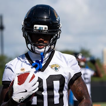 Jacksonville Jaguars cornerback Montaric Brown (30) runs with the ball while running drills during the Jacksonville Jaguars’ third mandatory minicamp Thursday June 12, 2025 at the Miller Electric Center in Jacksonville, Fla. [Doug Engle/Florida Times-Union]