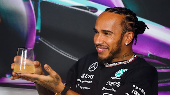 May 2, 2024; Miami Gardens, Florida, USA;  Mercedes driver Lewis Hamilton (44)  addresses the media in advance of the Miami Grand Prix at the Miami International Autodrome. Mandatory Credit: John David Mercer-Imagn Images