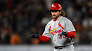 Sep 23, 2025; San Francisco, California, USA; St. Louis Cardinals second baseman Brendan Donovan (33) celebrates his double against the San Francisco Giants during the fifth inning at Oracle Park. Mandatory Credit: Eakin Howard-Imagn Images