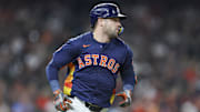 Sep 8, 2024; Houston, Texas, USA; Houston Astros center fielder Chas McCormick (20) runs to first base on a single during the fifth inning against the Arizona Diamondbacks at Minute Maid Park.