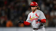 Sep 23, 2025; San Francisco, California, USA; St. Louis Cardinals second baseman Brendan Donovan (33) celebrates his double against the San Francisco Giants during the fifth inning at Oracle Park. Mandatory Credit: Eakin Howard-Imagn Images