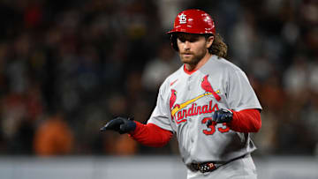 Sep 23, 2025; San Francisco, California, USA; St. Louis Cardinals second baseman Brendan Donovan (33) celebrates his double against the San Francisco Giants during the fifth inning at Oracle Park. Mandatory Credit: Eakin Howard-Imagn Images