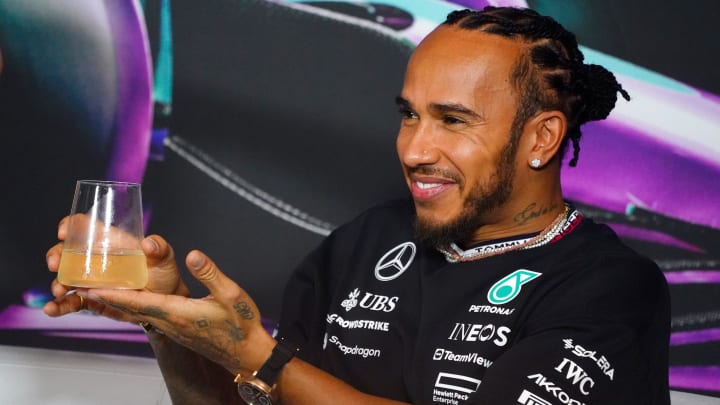 May 2, 2024; Miami Gardens, Florida, USA;  Mercedes driver Lewis Hamilton (44)  addresses the media in advance of the Miami Grand Prix at the Miami International Autodrome. Mandatory Credit: John David Mercer-USA TODAY Sports