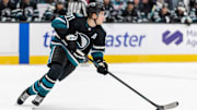 Nov 18, 2025; San Jose, California, USA; San Jose Sharks center Macklin Celebrini (71) skates with the puck during the first period against the Utah Mammoth at SAP Center at San Jose. Mandatory Credit: Bob Kupbens-Imagn Images