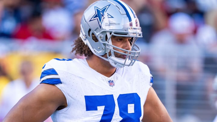 October 8, 2023; Santa Clara, California, USA; Dallas Cowboys offensive tackle Terence Steele (78) warms up before the game against the San Francisco 49ers at Levi's Stadium. 