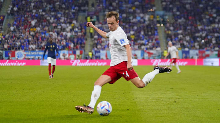 Nov 26, 2022; Doha, Qatar; Denmark midfielder Mikkel Damsgaard.