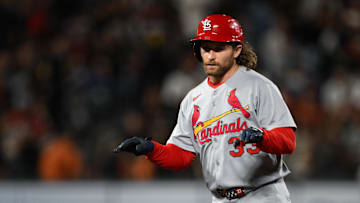 Sep 23, 2025; San Francisco, California, USA; St. Louis Cardinals second baseman Brendan Donovan (33) celebrates his double against the San Francisco Giants during the fifth inning at Oracle Park. Mandatory Credit: Eakin Howard-Imagn Images