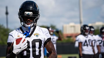 Jacksonville Jaguars cornerback Montaric Brown (30) runs with the ball while running drills during the Jacksonville Jaguars’ third mandatory minicamp Thursday June 12, 2025 at the Miller Electric Center in Jacksonville, Fla. [Doug Engle/Florida Times-Union]
