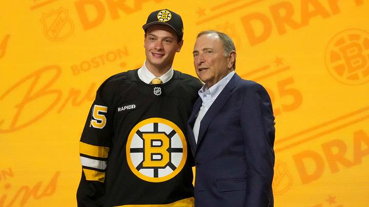 Jun 27, 2025; Los Angeles, California, USA; James Hagens is selected as the seventh overall pick to the Boston Bruins in the first round of the 2025 NHL Draft at Peacock Theater. Mandatory Credit: Kirby Lee-Imagn Images