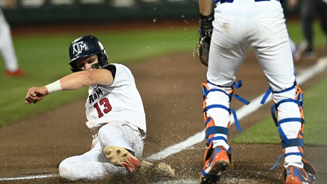 Jun 15, 2024; Omaha, NE, USA;  Texas A&M Aggies left fielder Caden Sorrell (13) scores against the Texas A&M Aggies during the second inning at Charles Schwab Field Omaha. Mandatory Credit: Steven Branscombe-Imagn Images